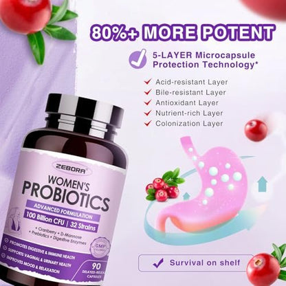 ZEBORA Probiotika für Frauen Verdauungsgesundheit mit Enzymen & Präbiotika 100 Milliarden KBE | Vaginale Probiotika mit D-Mannose & Cranberry | Unterstützung der Harnwege | Immunsystem, 90 Kapseln