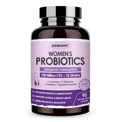 ZEBORA Probiotika für Frauen Verdauungsgesundheit mit Enzymen & Präbiotika 100 Milliarden KBE | Vaginale Probiotika mit D-Mannose & Cranberry | Unterstützung der Harnwege | Immunsystem, 90 Kapseln