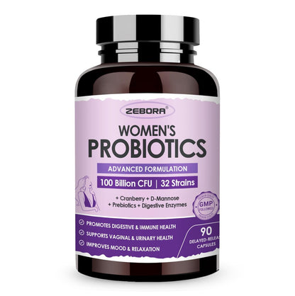 ZEBORA Probiotika für Frauen Verdauungsgesundheit mit Enzymen & Präbiotika 100 Milliarden KBE | Vaginale Probiotika mit D-Mannose & Cranberry | Unterstützung der Harnwege | Immunsystem, 90 Kapseln