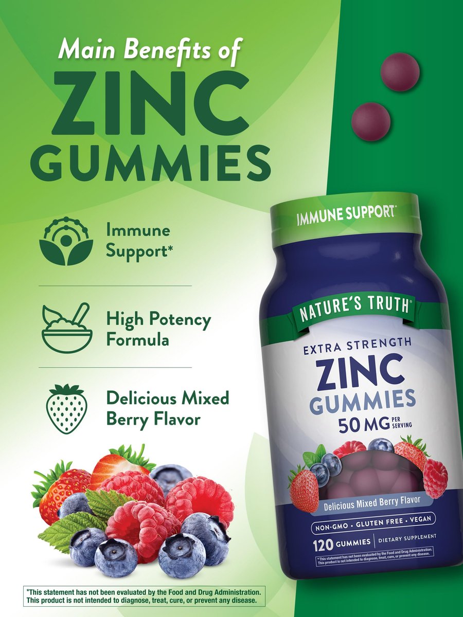 Nature's Truth Zink-Gummis für Erwachsene | 50 mg | 120 Stück | Vegan, Nicht-GVO & Glutenfrei | Gemischter Beerengeschmack