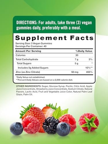 Nature's Truth Zink-Gummis für Erwachsene | 50 mg | 120 Stück | Vegan, Nicht-GVO & Glutenfrei | Gemischter Beerengeschmack