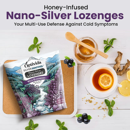 OPTIVIDA Health Natürliche Kolloidale Silber-Lutschtabletten 60 PPM mit Holunderbeere und Vitaminen – Unterstützt das Immunsystem, bei Halsschmerzen und Husten – Schnell wirkende Hustenbonbons – Organische Holunderbeere (1 Packung)