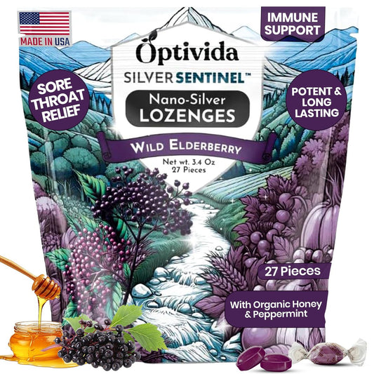 OPTIVIDA Health Natürliche Kolloidale Silber-Lutschtabletten 60 PPM mit Holunderbeere und Vitaminen – Unterstützt das Immunsystem, bei Halsschmerzen und Husten – Schnell wirkende Hustenbonbons – Organische Holunderbeere (1 Packung)