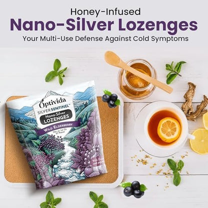 OPTIVIDA Health Natürliche Kolloidale Silber-Lutschtabletten 60 PPM mit Holunderbeere und Vitaminen – Unterstützt das Immunsystem, bei Halsschmerzen und Husten – Schnell wirkende Hustenbonbons – Organische Holunderbeere (1 Packung)