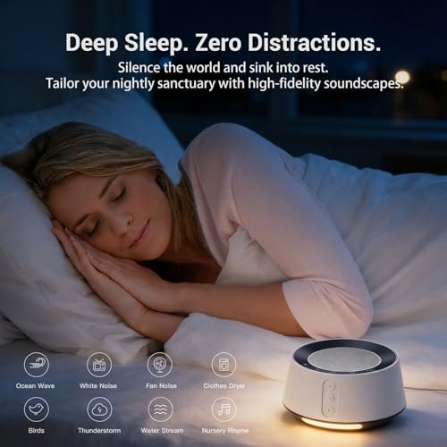 BGOVERSS Weißes Rauschgerät mit Nachtlicht – 20 beruhigende Klänge, 10 Farben, 5 Timer & Memory-Funktion, tragbarer Schlaf-Soundmachine für Babyzimmer, Kinder & Erwachsene, Rosa