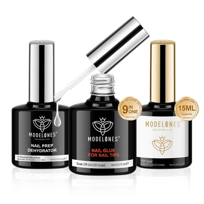 Modelones Nagelkleber-Gel mit Top Coat und Prep Dehydrator 3er Set 15ml – 9-in-1 Gelkleber-Set für einfache Nagelverlängerung, No-Wipe Top Coat