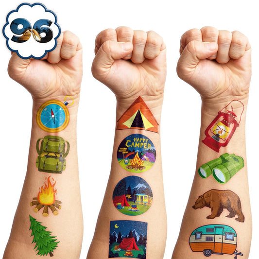 96 Stück Camping Temporäre Tattoos für Kinder - Motiv Tattoo Aufkleber für Geburtstagsfeiern, Partytüten, Schulbelohnungen