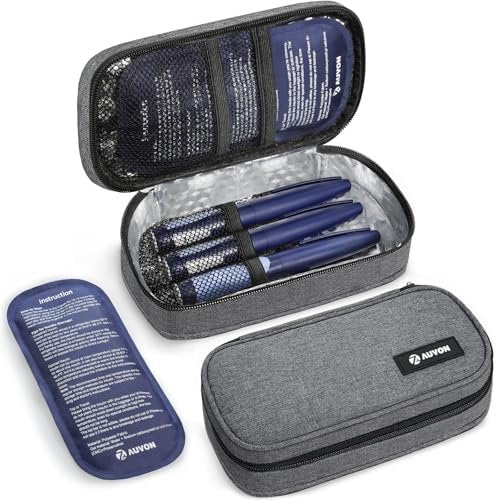 AUVON Insulin-Kühler-Reiseetui mit 2 x 160 g Kühlakkus, 10–11 Stunden Kühlung, kompakte isolierte Diabetiker-Medikamententasche für 3–4 Insulin-Pens & Zubehör, 21 x 11 x 6,5 cm, TSA-freundlich
