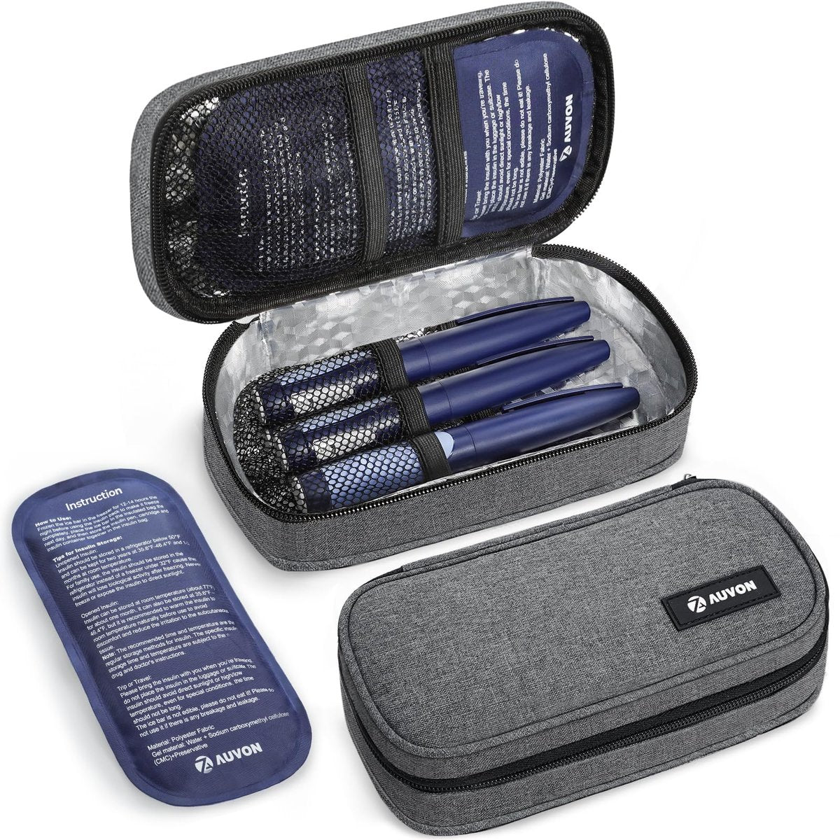 AUVON Insulin-Kühler-Reiseetui mit 2 x 160 g Kühlakkus, 10–11 Stunden Kühlung, kompakte isolierte Diabetiker-Medikamententasche für 3–4 Insulin-Pens & Zubehör, 21 x 11 x 6,5 cm, TSA-freundlich