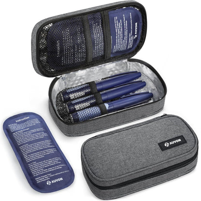 AUVON Insulin-Kühler-Reiseetui mit 2 x 160 g Kühlakkus, 10–11 Stunden Kühlung, kompakte isolierte Diabetiker-Medikamententasche für 3–4 Insulin-Pens & Zubehör, 21 x 11 x 6,5 cm, TSA-freundlich