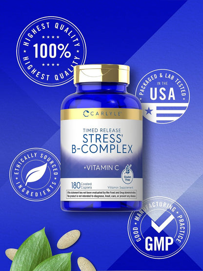 Carlyle Stress B Complex mit Vitamin C | 180 Tabletten | mit B6, B12, Folsäure, Biotin | Vegetarisch, Nicht-GVO & Glutenfrei