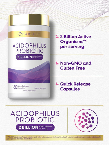 Carlyle Acidophilus Probiotikum für Frauen und Männer – 2 Milliarden KBE, 180 Kapseln, Verdauungsgesundheit, Nicht-GVO & Glutenfrei