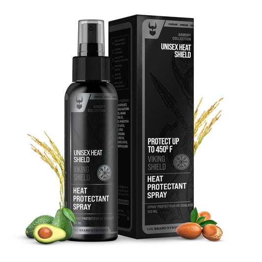 Bart- und Haar-Hitzeschutzspray - Viking Shield Bartspray für Männer, schützt vor Hitzeschäden durch Glätteisen und Styling - Arganöl Thermo-Schutzspray - Schutz bis 450°F - 118 ml