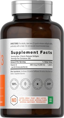 Horbäach Vitamin D3 10000 IE | 500 Softgels | Premium Hochdosiert | Non-GMO, Glutenfrei | 250mcg | Wertgröße
