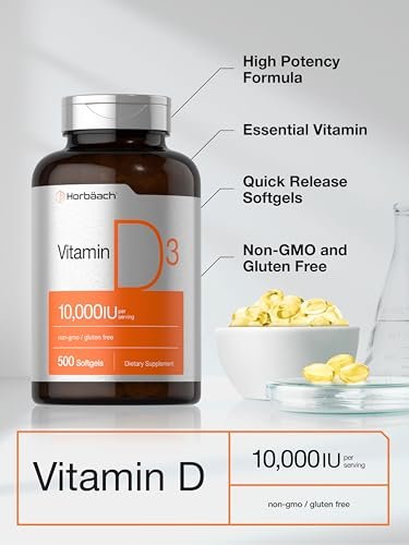 Horbäach Vitamin D3 10000 IE | 500 Softgels | Premium Hochdosiert | Non-GMO, Glutenfrei | 250mcg | Wertgröße