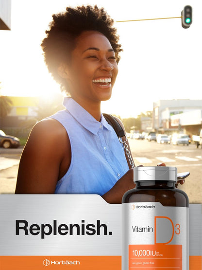 Horbäach Vitamin D3 10000 IE | 500 Softgels | Premium Hochdosiert | Non-GMO, Glutenfrei | 250mcg | Wertgröße