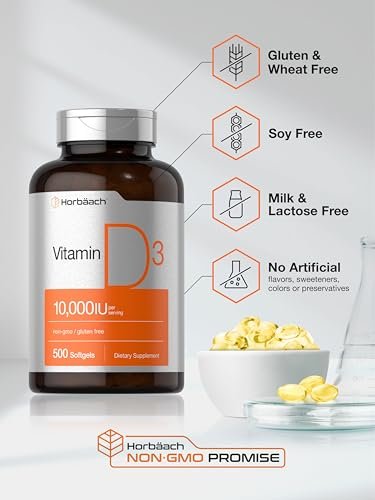 Horbäach Vitamin D3 10000 IE | 500 Softgels | Premium Hochdosiert | Non-GMO, Glutenfrei | 250mcg | Wertgröße
