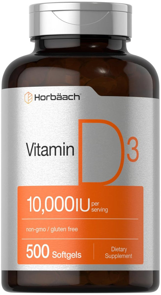 Horbäach Vitamin D3 10000 IE | 500 Softgels | Premium Hochdosiert | Non-GMO, Glutenfrei | 250mcg | Wertgröße