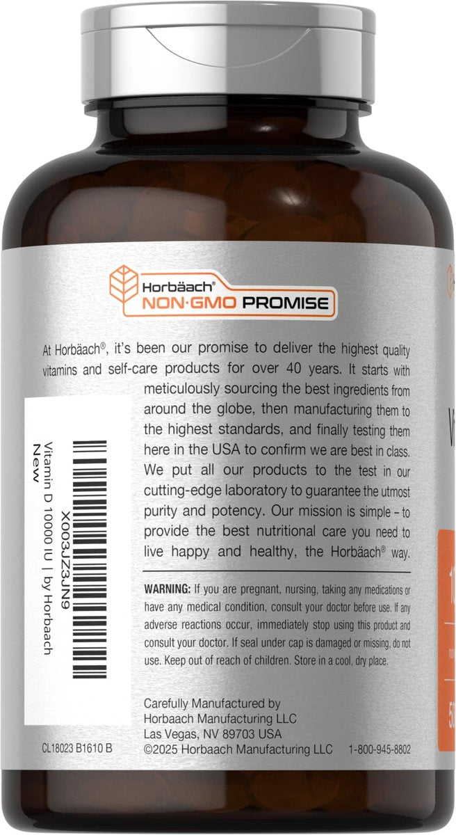 Horbäach Vitamin D3 10000 IE | 500 Softgels | Premium Hochdosiert | Non-GMO, Glutenfrei | 250mcg | Wertgröße