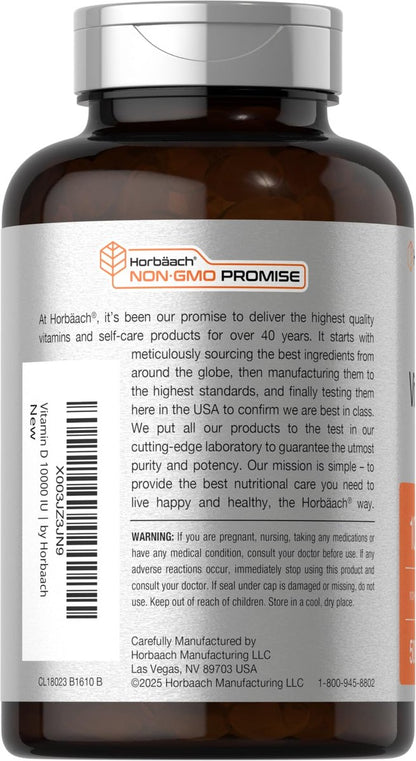 Horbäach Vitamin D3 10000 IE | 500 Softgels | Premium Hochdosiert | Non-GMO, Glutenfrei | 250mcg | Wertgröße
