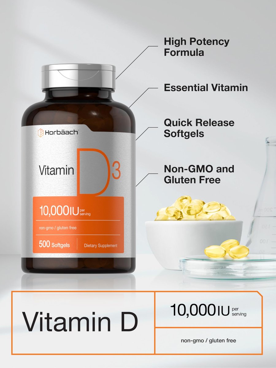 Horbäach Vitamin D3 10000 IE | 500 Softgels | Premium Hochdosiert | Non-GMO, Glutenfrei | 250mcg | Wertgröße