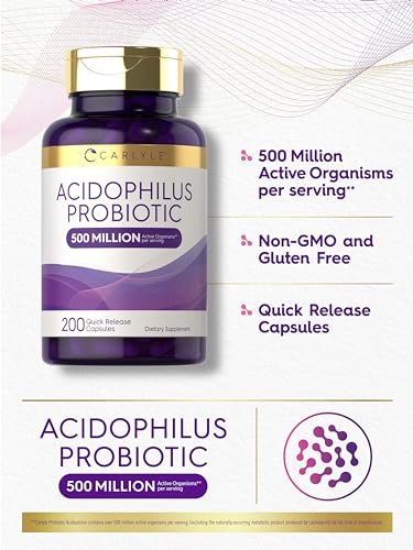 Carlyle Acidophilus Probiotische Kapseln für Frauen und Männer | 500 Millionen KBE | 200 Kapseln | Lactobacillus Nahrungsergänzungsmittel | Non-GMO und Glutenfrei
