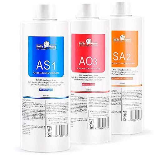 BRÜUN Wasserstoff-Sauerstoff-Gesichtsmaschine mit Seren für die Gesichtsreinigung – 3er-Pack 400ml Aqua Peeling Lösung AS1, SA2 und AO3 – Hautpflege-Hydra-Lösung für Vakuum-Gesichtsreinigungsgerät für Zuhause und Spa