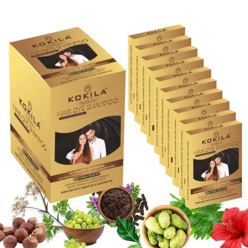 Kokila Unisex Haarfarben-Shampoo Sachet, Farbe in nur 5 Minuten, ohne Ammoniak - ohne Parabene, Natürliches Schwarz (25ml x 10 Sachets)