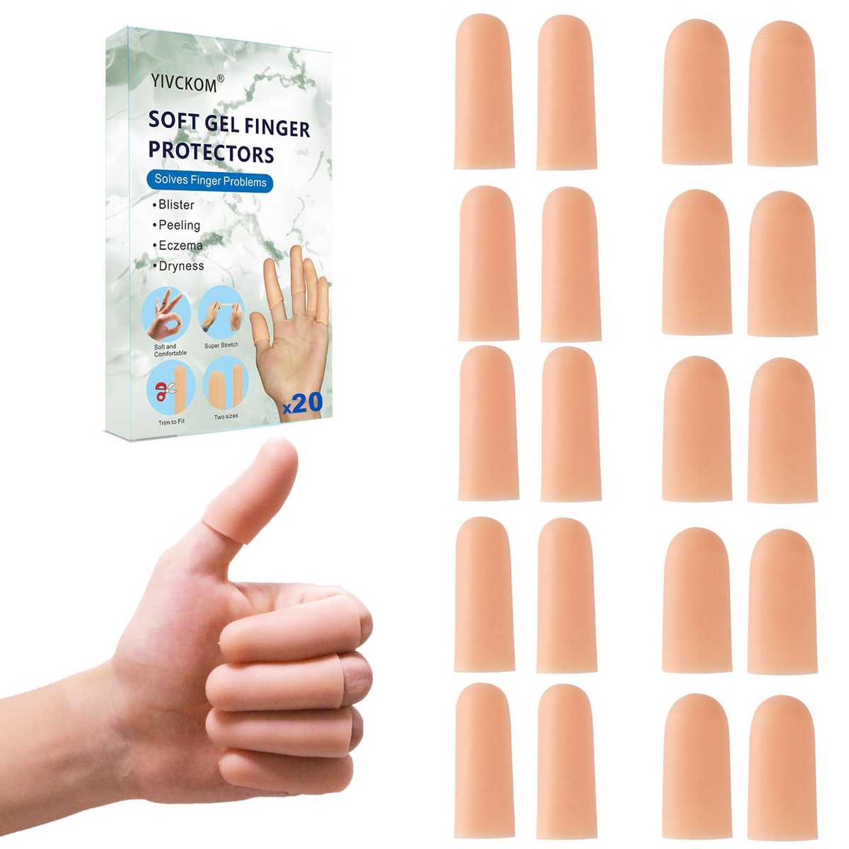 YIVCKOM Gel-Fingerlinge, Silikon-Fingerschutz, Fingerspitzenpflaster für trockene Haut, rissige Fingerspitzen, Daumenschutzhüllen bei Handekzemen und Fingerarthritis (20 Stück)