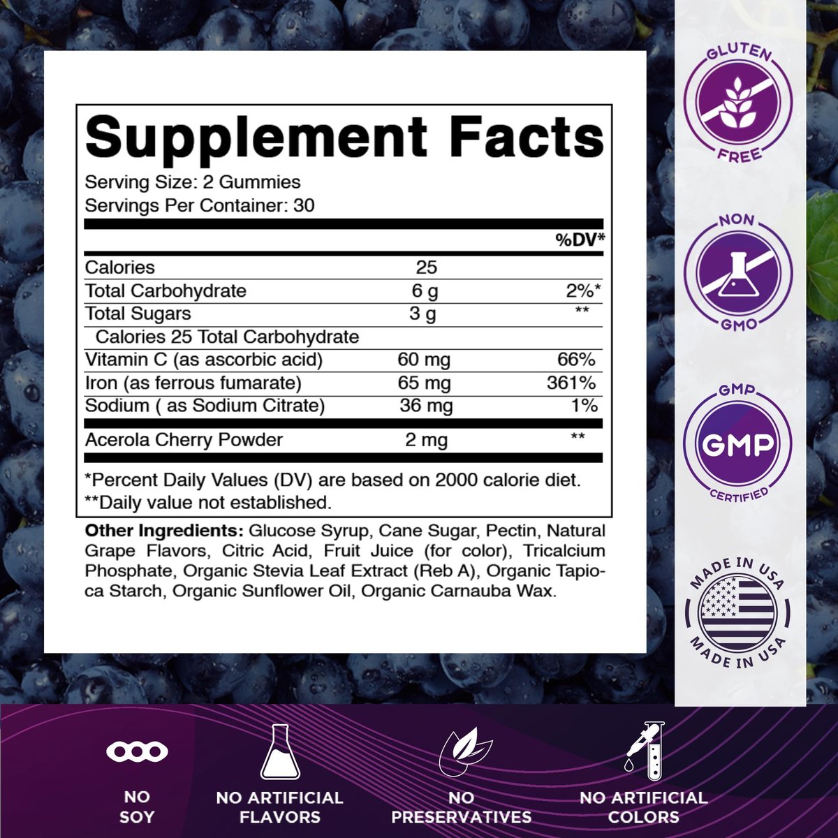 Vitamatic Eisen 65 mg Gummis für Frauen & Männer - 60 vegane Gummis - Leckerer Eisen-Gummi-Vitamine mit Vitamin C (1)