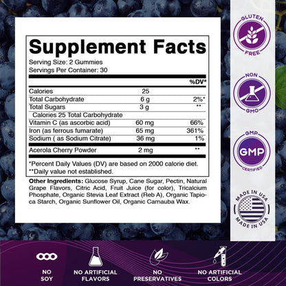 Vitamatic Eisen 65 mg Gummis für Frauen & Männer - 60 vegane Gummis - Leckerer Eisen-Gummi-Vitamine mit Vitamin C (1)