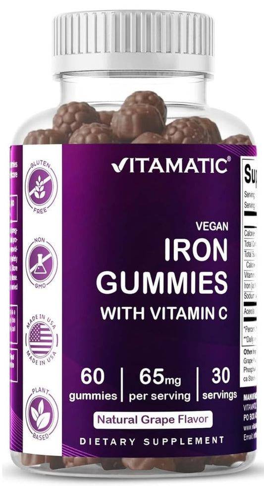 Vitamatic Eisen 65 mg Gummis für Frauen & Männer - 60 vegane Gummis - Leckerer Eisen-Gummi-Vitamine mit Vitamin C (1)
