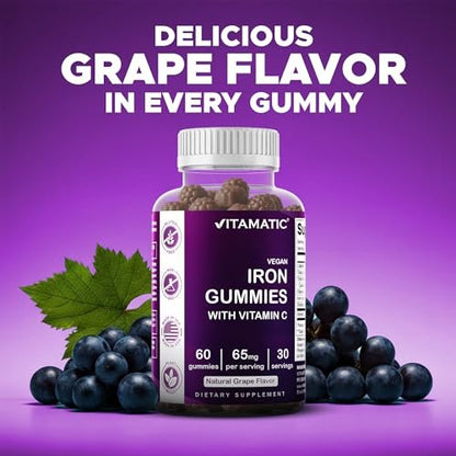 Vitamatic Eisen 65 mg Gummis für Frauen & Männer - 60 vegane Gummis - Leckerer Eisen-Gummi-Vitamine mit Vitamin C (1)