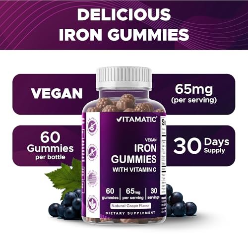 Vitamatic Eisen 65 mg Gummis für Frauen & Männer - 60 vegane Gummis - Leckerer Eisen-Gummi-Vitamine mit Vitamin C (1)