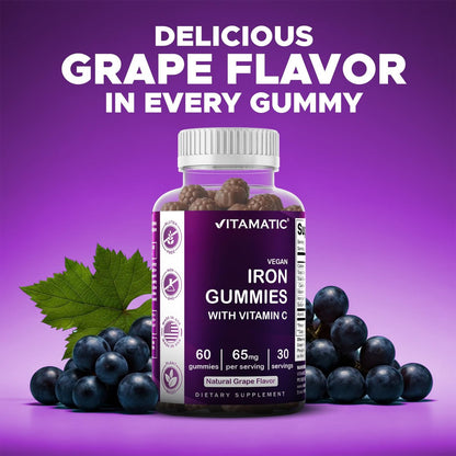 Vitamatic Eisen 65 mg Gummis für Frauen & Männer - 60 vegane Gummis - Leckerer Eisen-Gummi-Vitamine mit Vitamin C (1)