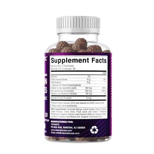 Vitamatic Eisen 65 mg Gummis für Frauen & Männer - 60 vegane Gummis - Leckerer Eisen-Gummi-Vitamine mit Vitamin C (1)
