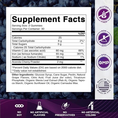 Vitamatic Eisen 65 mg Gummis für Frauen & Männer - 60 vegane Gummis - Leckerer Eisen-Gummi-Vitamine mit Vitamin C (1)