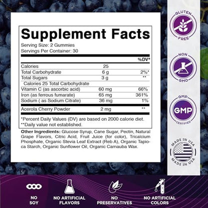 Vitamatic Eisen 65 mg Gummis für Frauen & Männer - 60 vegane Gummis - Leckerer Eisen-Gummi-Vitamine mit Vitamin C (1)