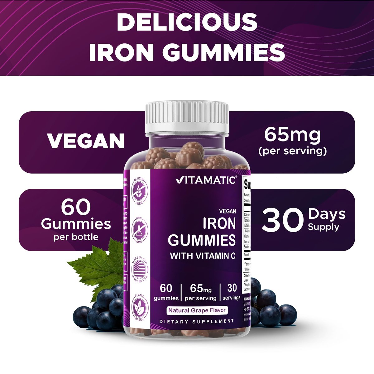 Vitamatic Eisen 65 mg Gummis für Frauen & Männer - 60 vegane Gummis - Leckerer Eisen-Gummi-Vitamine mit Vitamin C (1)