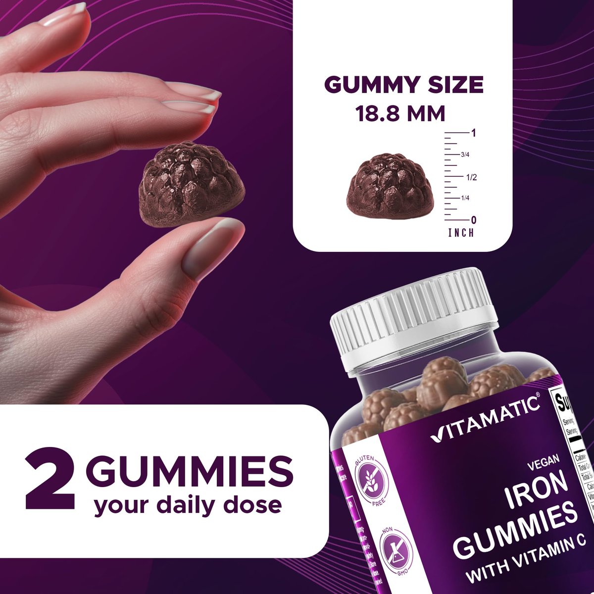 Vitamatic Eisen 65 mg Gummis für Frauen & Männer - 60 vegane Gummis - Leckerer Eisen-Gummi-Vitamine mit Vitamin C (1)