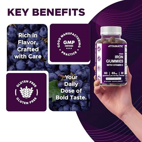 Vitamatic Eisen 65 mg Gummis für Frauen & Männer - 60 vegane Gummis - Leckerer Eisen-Gummi-Vitamine mit Vitamin C (1)