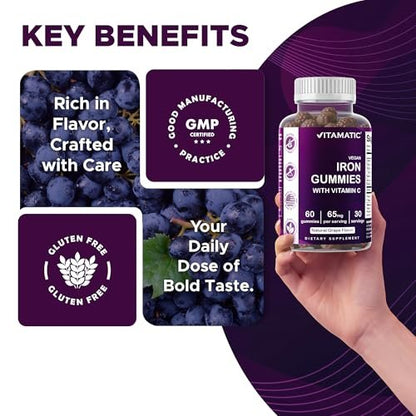Vitamatic Eisen 65 mg Gummis für Frauen & Männer - 60 vegane Gummis - Leckerer Eisen-Gummi-Vitamine mit Vitamin C (1)