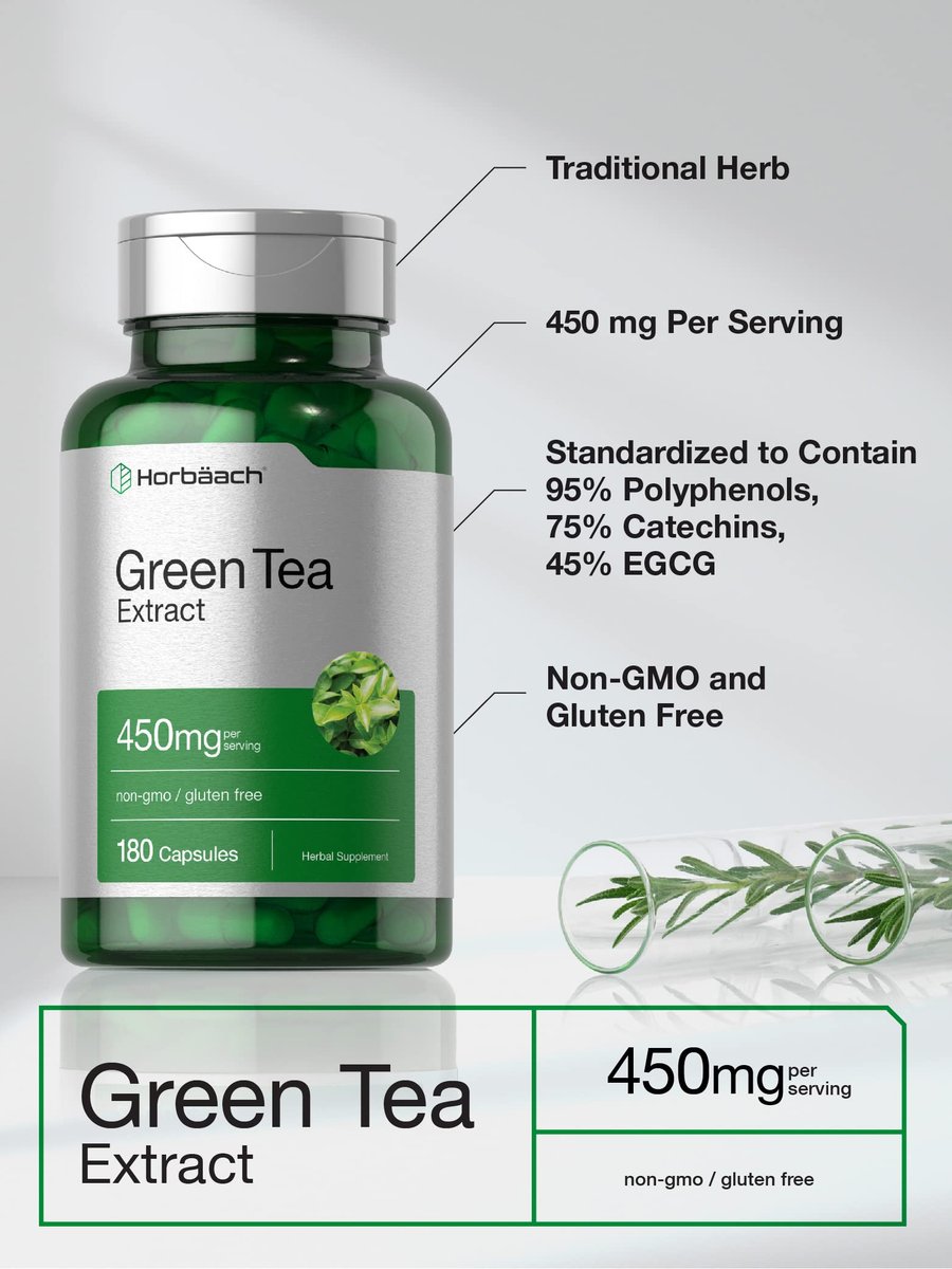 Horbäach Grüntee-Extrakt Kapseln | 450 mg | 180 Kapseln | Hochdosiertes pflanzliches Nahrungsergänzungsmittel | Non-GMO & Glutenfrei