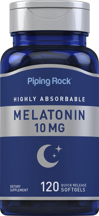 Piping Rock Melatonin 10 mg | 120 Softgel-Kapseln | Schnell freisetzendes Nahrungsergänzungsmittel | Hoch absorbierbar | Nicht-GVO, glutenfrei