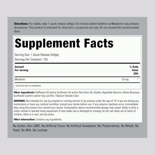 Piping Rock Melatonin 10 mg | 120 Softgel-Kapseln | Schnell freisetzendes Nahrungsergänzungsmittel | Hoch absorbierbar | Nicht-GVO, glutenfrei