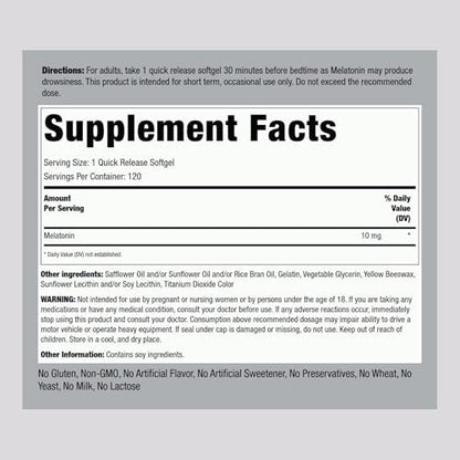 Piping Rock Melatonin 10 mg | 120 Softgel-Kapseln | Schnell freisetzendes Nahrungsergänzungsmittel | Hoch absorbierbar | Nicht-GVO, glutenfrei