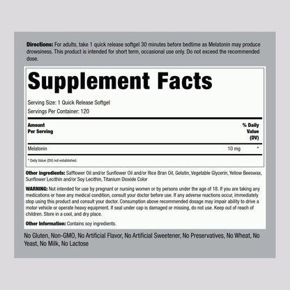 Piping Rock Melatonin 10 mg | 120 Softgel-Kapseln | Schnell freisetzendes Nahrungsergänzungsmittel | Hoch absorbierbar | Nicht-GVO, glutenfrei