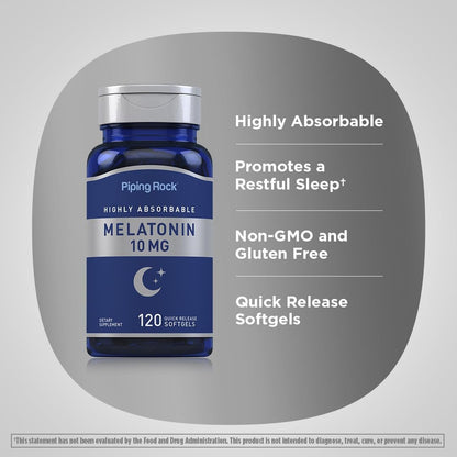 Piping Rock Melatonin 10 mg | 120 Softgel-Kapseln | Schnell freisetzendes Nahrungsergänzungsmittel | Hoch absorbierbar | Nicht-GVO, glutenfrei