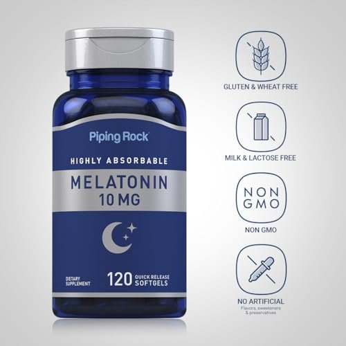 Piping Rock Melatonin 10 mg | 120 Softgel-Kapseln | Schnell freisetzendes Nahrungsergänzungsmittel | Hoch absorbierbar | Nicht-GVO, glutenfrei