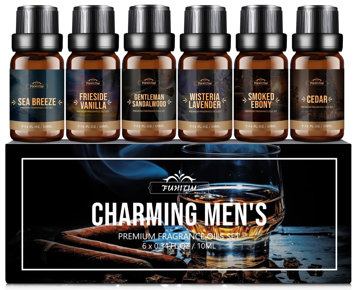 FUHITIM Duftöl, Charmantes Herren-Set Diffuseröl für Zuhause, Seife & Kerzenherstellung, Aromatherapie-ätherische Öle - Meeresbrise, Kamin Vanille, Zeder und mehr (6 x 10 ml)